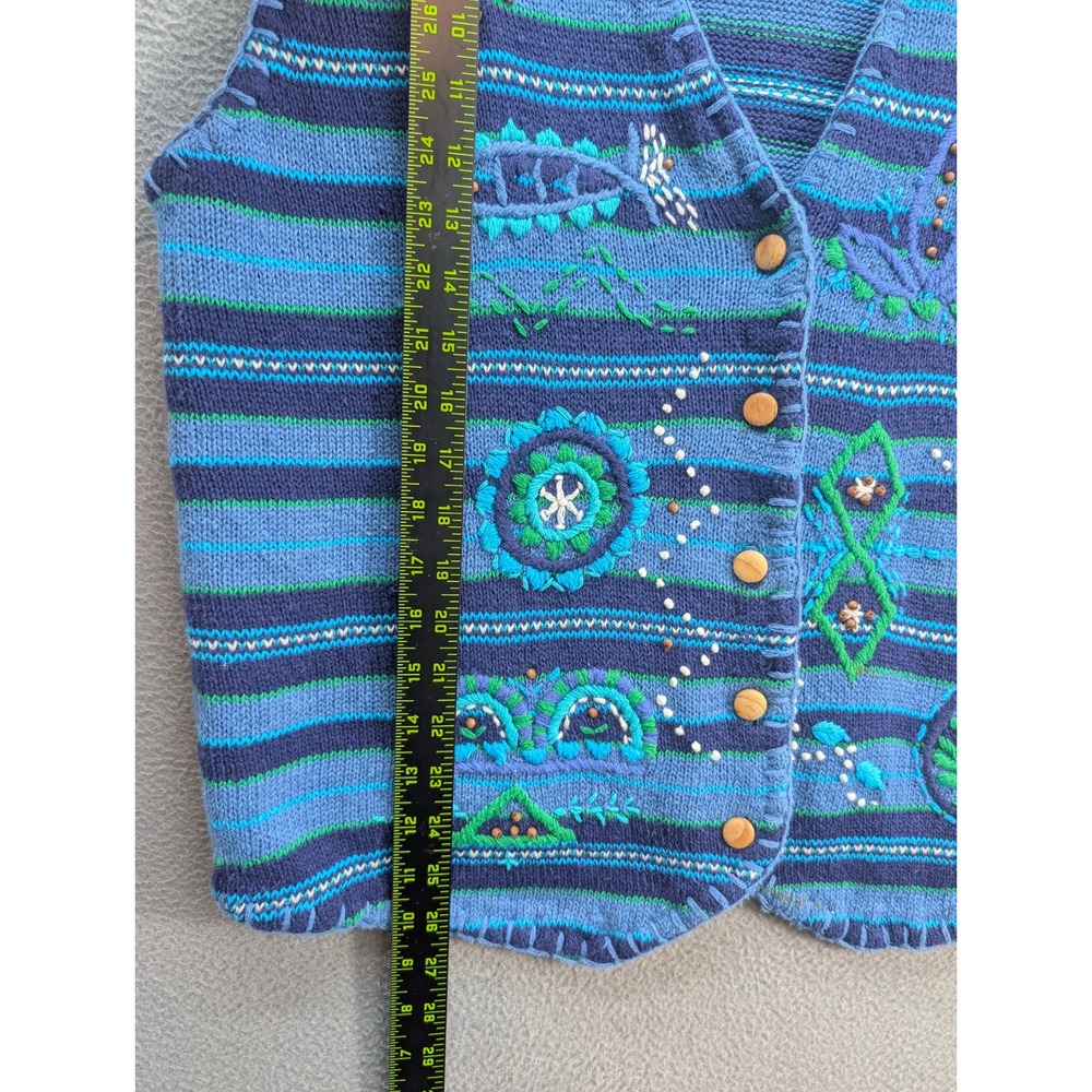 Sigrid Olsen Striped Embroidered Vest Women's XL Cotton Ramie Blue Grannycore - Picture 6 of 8